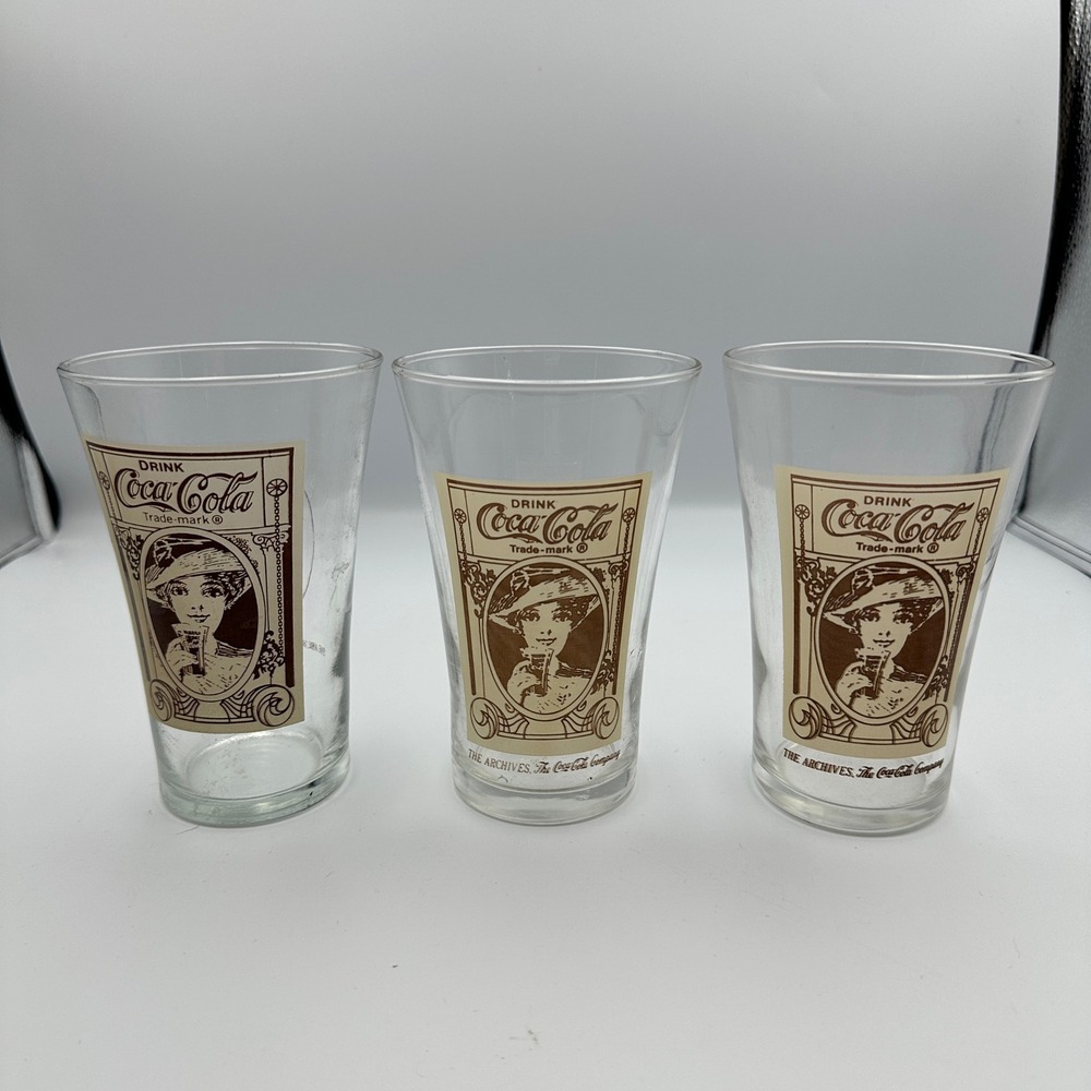 Vintage Coca Cola Archive Glasses Set‎ of 3 Turn of Century Lady Drinkware 16 oz
